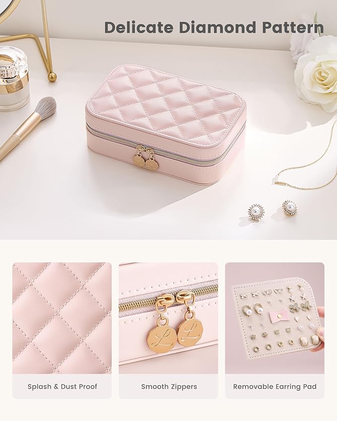 Lolalet Travel Jewelry Case for Women Girls, Travel Jewelry Organizer with Clear Storage Bag Small Portable Jewelry Box for Necklace Bracelet Earring Ring Birthday Bridesmaid Gifts -Medium/Pink