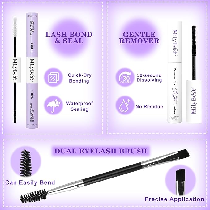 MilyBest Lash Clusters Kit 564Pcs Eyelash Clusters Lashes Wispy Cluster Eyelash Extensions Kit 3 Styles Fluffy Lashes Clusters 10-18mm Volume DIY Individual Eye Lash Clusters Lash Box with Bond&Seal