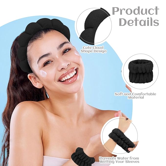 6 Pcs Puffy Terry Cloth Spa Headband and Wristbands for Face Skincare, Makeup Removal, Yoga, Shower, Spa Party, One Size, Unisex-Adults