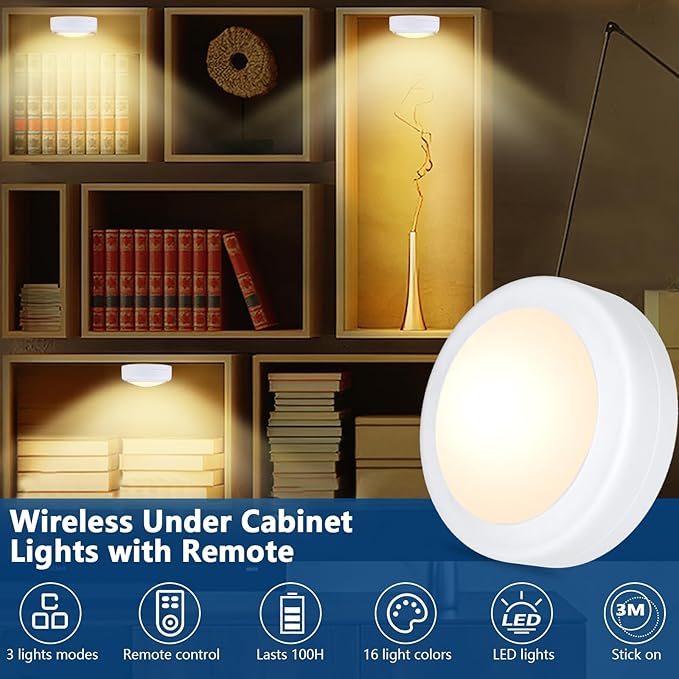 Yiliaw 6 Pack LED Puck Lights Remote Control 16 Color Changeable Under Cabinet Lights, Battery Operated Lights Night Light with Dimmer & Timmer for Closet Bedroom Kitchen, White