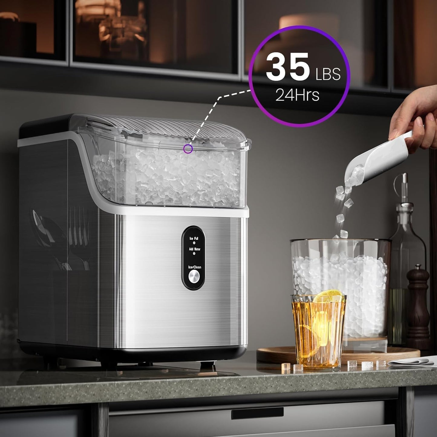 Nugget Ice Maker Countertop with Chewable Ice, 35lbs/Day, Portable Ice Maker Countertop with Handle, One-Click Operation, Compact Design Crushed Pellet Ice Maker for Home & Kitchen(Green)