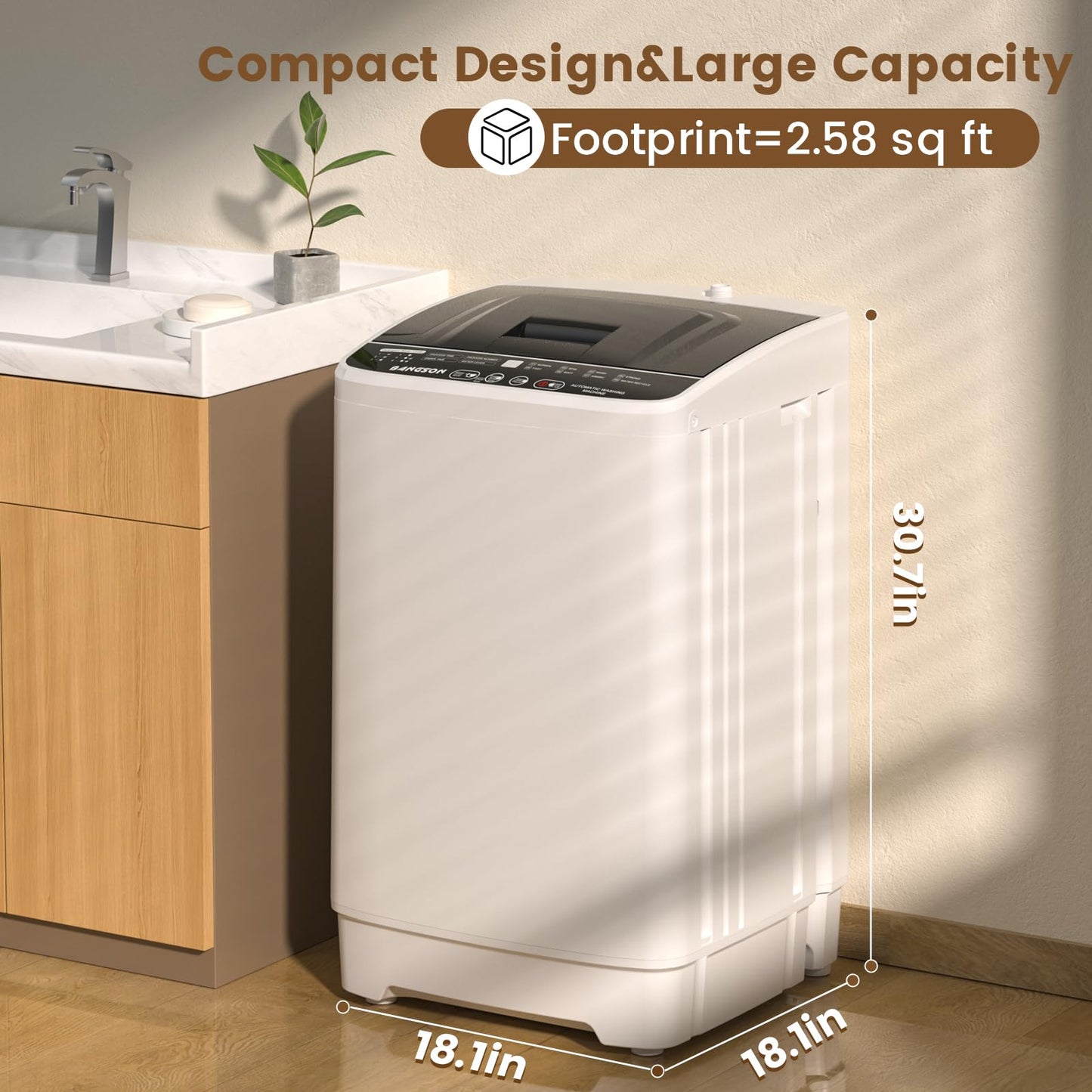 BANGSON Portable Washing Machine, 1.08 cu.ft Portable Washer with LED Display, Built-in Drain Pump, 8 Cycles, Mini Washer for Home, Apartment, Dorm, White