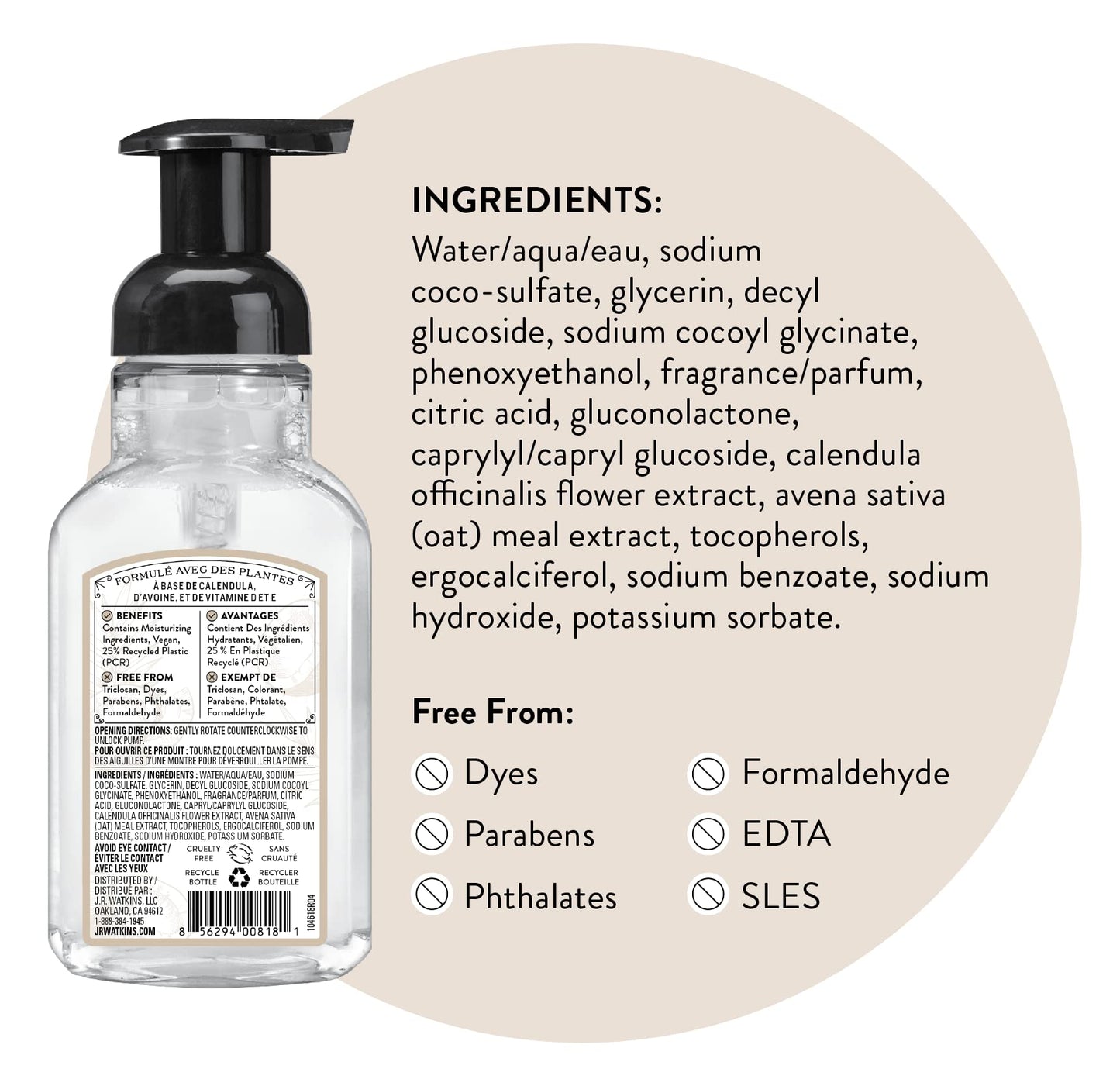 J.R. Watkins Foaming Hand Soap Pump with Dispenser, Moisturizing Hand Soap Foam, Alcohol-Free and Cruelty-Free, Use for Kitchen or Bathroom, Noix De Coco/Coconut, 9 fl oz, 3 Pack