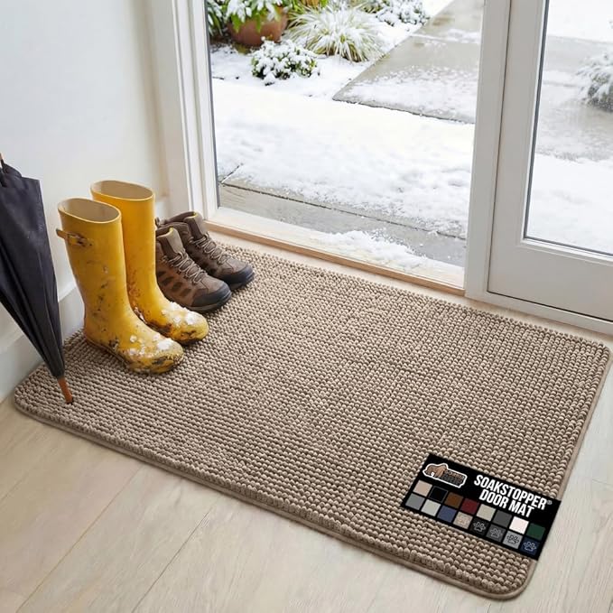 GORILLA GRIP SoakSTOPPER Dog Door Mat, 48x30 Machine Washable Rug Absorbent Doormat Captures Moisture Mud Dirt, Quick Dry Soft Chenille Entryway Rugs Indoor Entrance Mats for Dog Paws, Beige