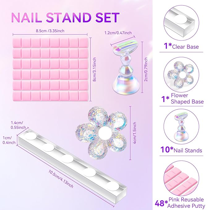Makartt Press on Nails Stand: Clear and Pink Nail Holder for Painting Nails, Stands for Art Display Practice, Magnetic Clear Glitter Flower Fake Holders with Reusable Adhesive Putty for Home Salon DIY