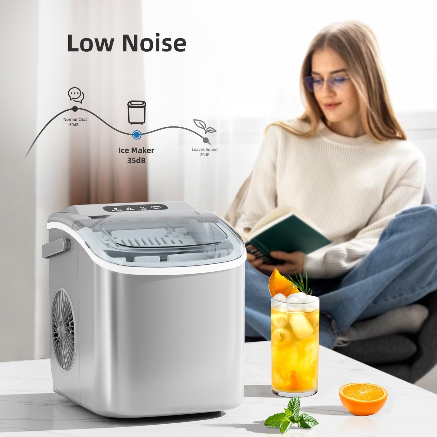 Antarctic Star Ice Maker Countertop, Portable Ice Machine with Carry Handle, 26Lbs Per Day, 9 Cubes Ready in 6 Mins, Self-Cleaning Ice Makers with Ice Scoop and Basket for Kitchen/Office/Party (Grey)