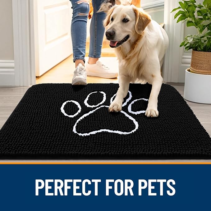 OLANLY Dog Door Mat for Muddy Paws 44x32, Paw Print Design, Absorbs Moisture and Dirt, Absorbent Non-Slip Washable Doormat, Quick Dry Chenille Mud Mat for Dogs, Entry Indoor Entryway Carpet, Black