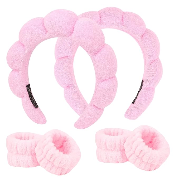 6Pcs Pink Spa Headband and Wrist Washband Set, Skincare Makeup Headband, Sponge Face Wash Terry Cloth Puffy Hair Band for Washing Face