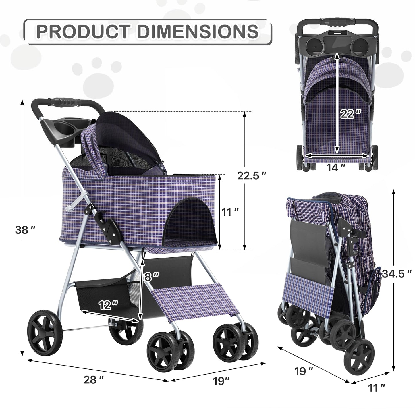MoNiBloom 3 in 1 Foldable Pet Stroller for Small & Medium Dogs, Detachable Carrier, Car Seat, Push Button Entry, 4-Wheel Jogger for Pets up to 33 lbs, Plaid