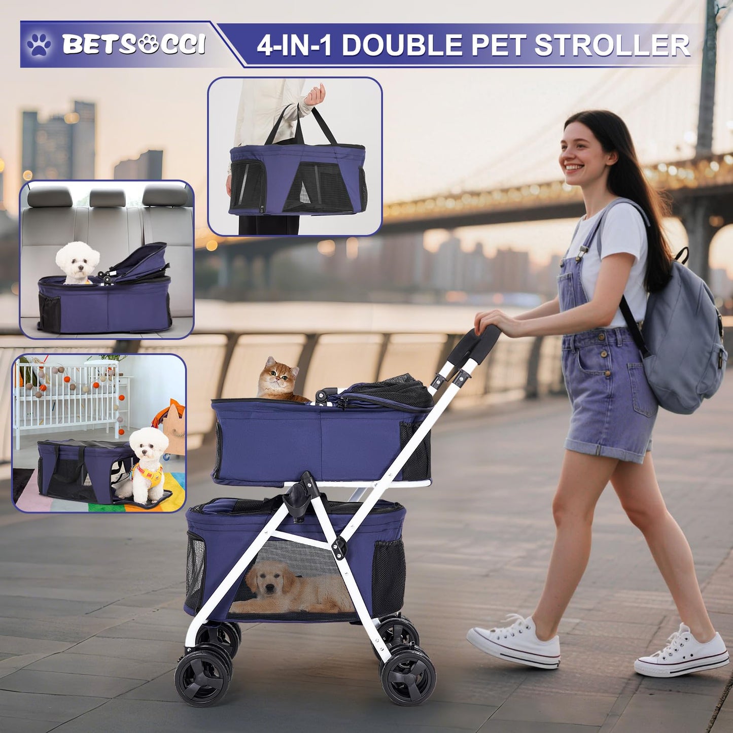 BETSOCCI Double Dog Stroller with 2 Detachable Carrier, Portable Pet Stroller for Small Dogs & Cats Folding Lightweight Puppy Travel Carriage, 4 Wheels, Blue