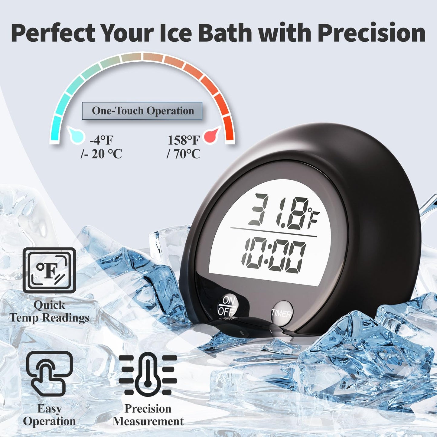 Silicone Cover Ice Bath Thermometer with Timer, Waterproof Floating Water Thermometer for Cold Plunge, Works with Ice Bath Tub Hot Tub Accurate Recovery(Black)