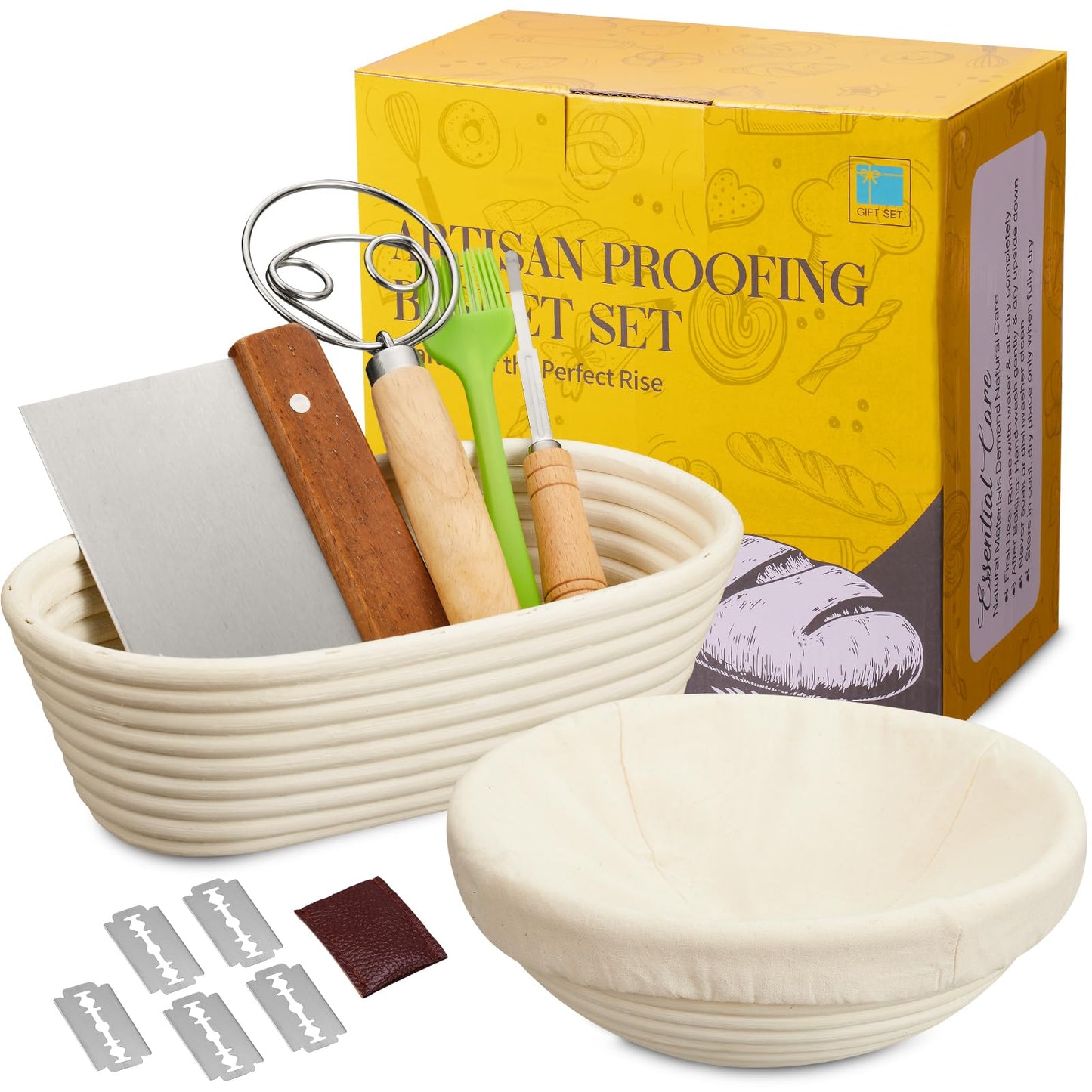 Dimpola Banneton Bread Proofing Basket - Banneton Basket Set Sourdough Proofing Basket Round Proofing Bowls Handmade Rattan Baskets and Liners (Oval & Round Gift Set)