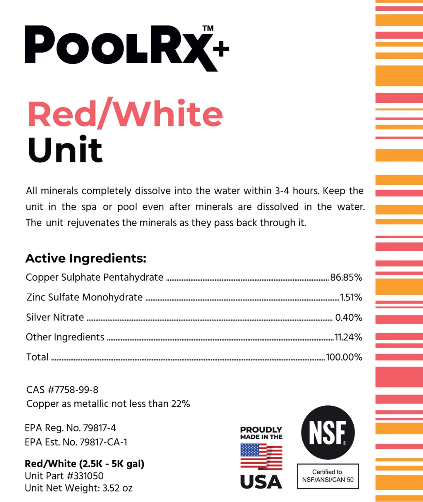 PoolRx+ Mineral Algaecide Unit, up to 6-Month Algae Control, for 2.5K-5K gallons, Red & White, New Formula with Silver.
