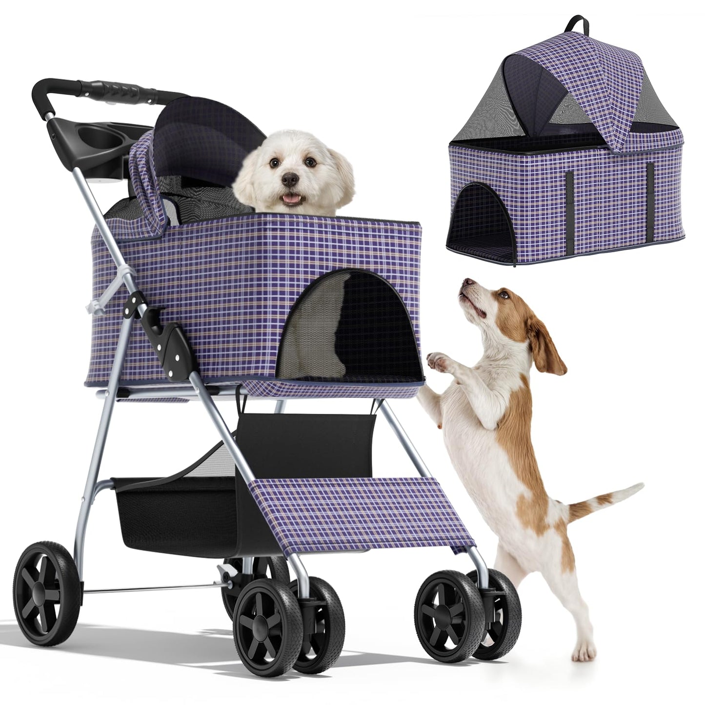 Magshion Foldable Pet Stroller, 3-in-1 Dog Travel Jogger with Detachable Carrier, Cup Holder, Storage Basket, Folding Carrier for Small/Medium Dogs & Cats Up to 33 lbs, Plaid