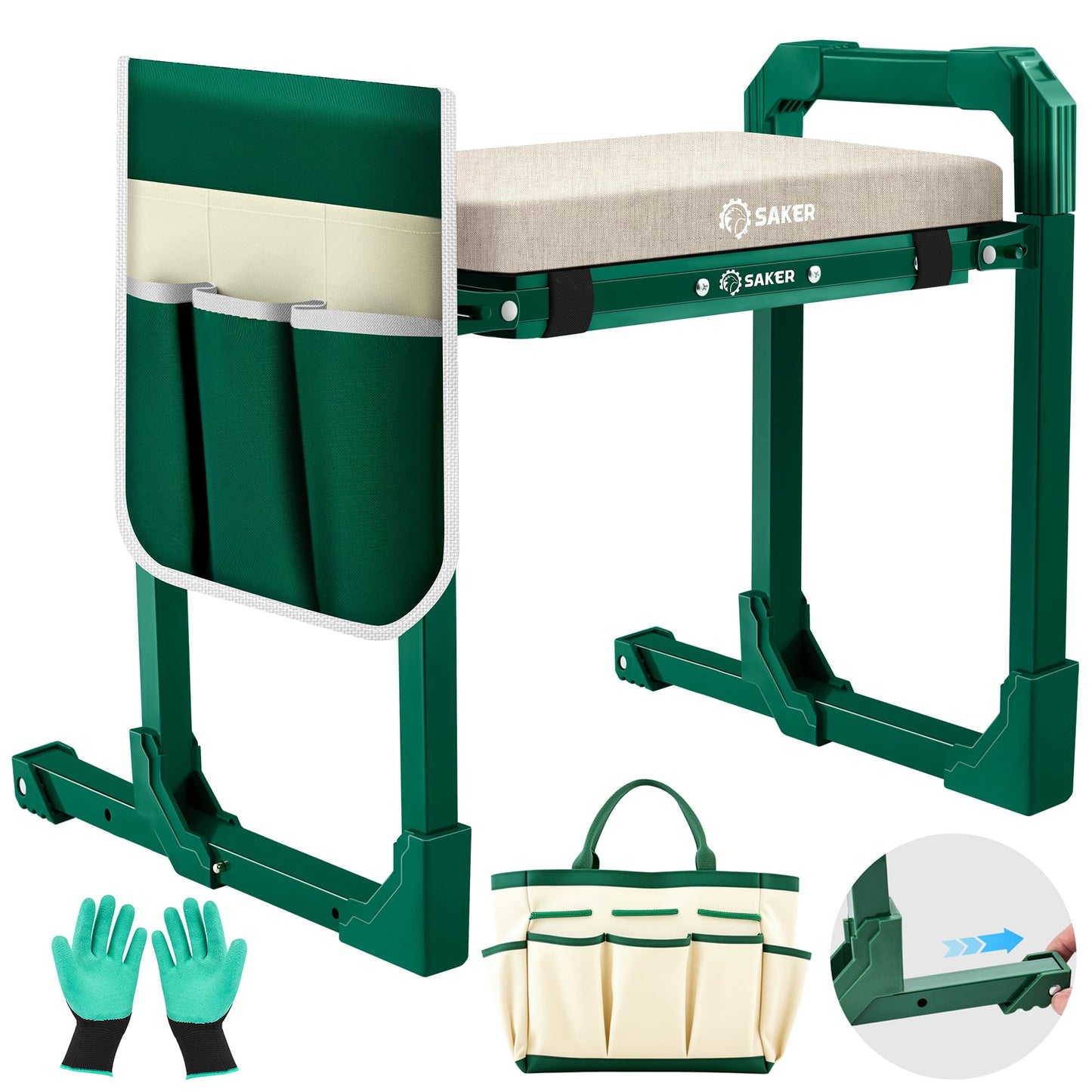 Saker Garden Kneeler and Seat Foldable Gardening Stool with Extendable Legs & Thickened Pad, Tool/Storage Bag, Heavy Duty 400lbs Support for Elderly, Gardening, Outdoor Use