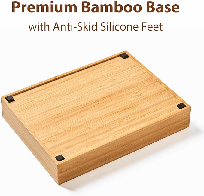 Umilife Bamboo Desk Drawer Organizer, Wood Junk Organizer Tray with Adjustable Dividers, Anti-Skip Storage Organization in Office Bathroom Drawer for Vanity, Makeup, 12" x 9"