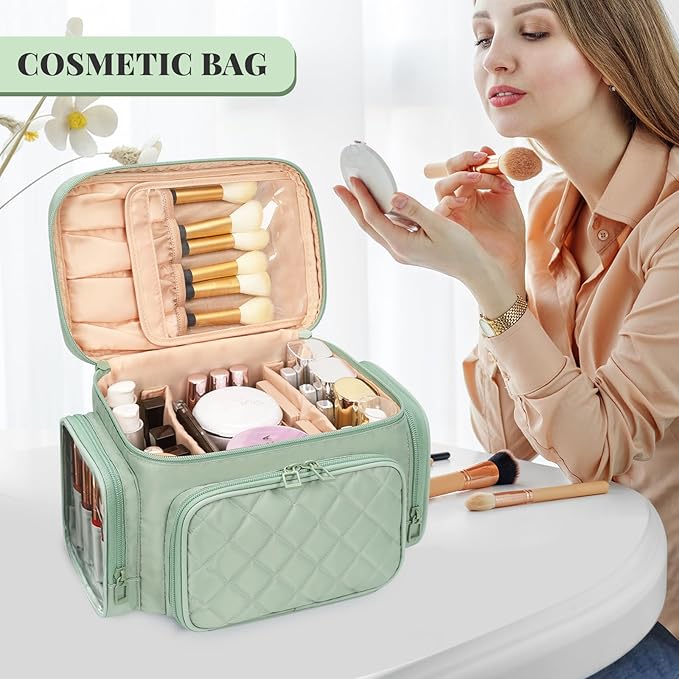 Bagmoly Large Makeup Bag, Portable Travel Makeup Bag Organizer for Women Girls with Makeup Brush Compartment & Two Side Pockets, Cosmetic Travel Bag Vertical Storage Toiletry - Green
