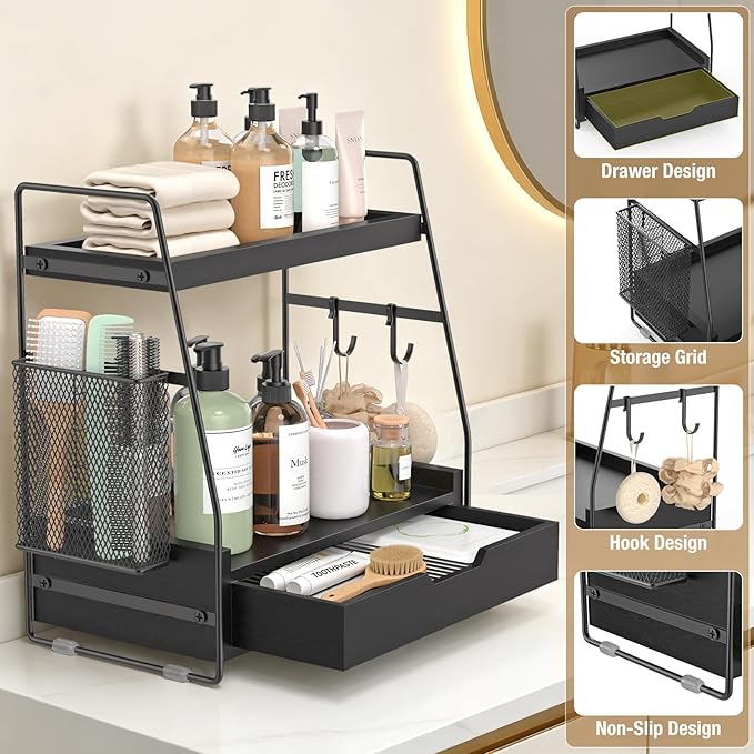 2-Tier Bathroom Counter Organizer with Drawer & Removable Basket, Wood & Metal Vanity Organizer for Skincare, Makeup, Perfume, Toiletries, Small Bathroom Counter Shelf, 13'' Black