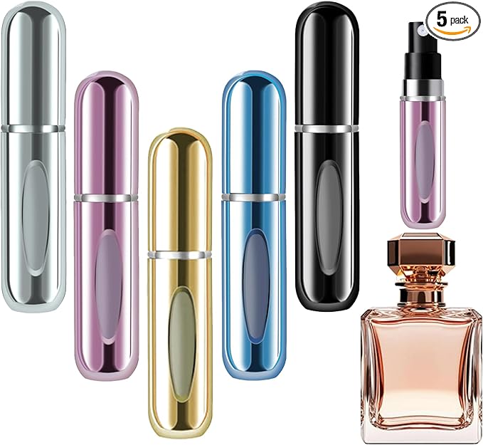 opasyo 5 Pcs Mini Refillable Perfume Portable Atomizer Bottle, 5ml Bottom-Fill Perfume Spray Scent Dispenser, Leak-Proof Travel Pump for Cologne, Aftershave & Purse (Silver/Pink/Gold/Blue/Black)