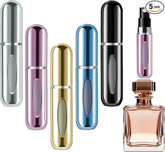 opasyo 5 Pcs Mini Refillable Perfume Portable Atomizer Bottle, 5ml Bottom-Fill Perfume Spray Scent Dispenser, Leak-Proof Travel Pump for Cologne, Aftershave & Purse (Silver/Pink/Gold/Blue/Black)