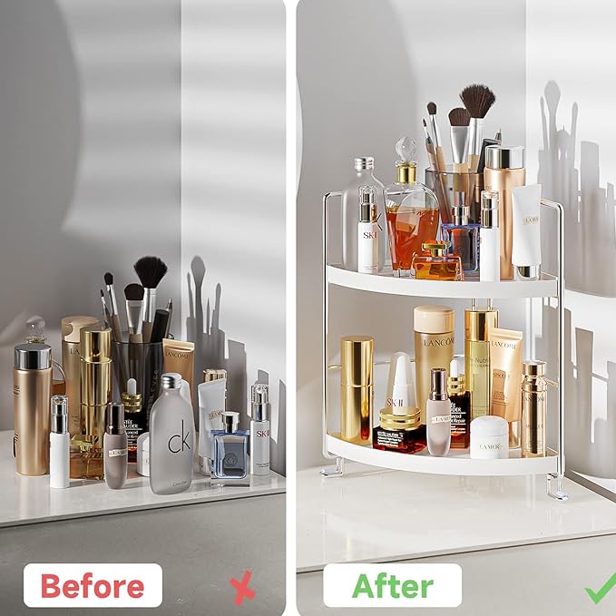 2-Tier Bathroom Corner Counter Organizer, Makeup Storage Shelf Vanity Tray, Bathroom Sink Countertop Organizer, Silver