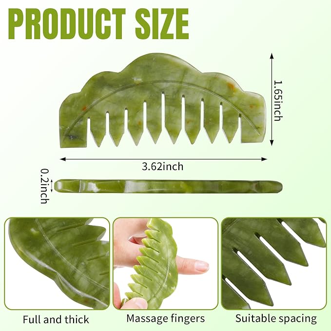 Geiserailie 2 Pcs Jade Combs Esthetician Supplies Massage Stone Hair Gua Sha Scraping Scalp Comb Facial Massage Tool Handheld Head Tools Head Caring Therapy Valentines for Women(Plain Style)