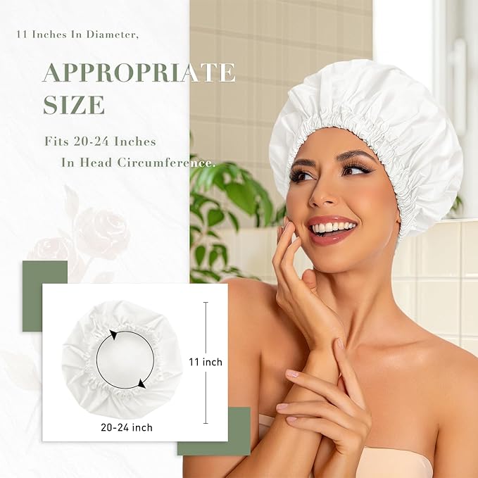 Reusable Shower Cap for Women, Large Waterproof Shower Bonnet with Elastic Band, Washable Bath Hair Cap for Long, Curly Hair, Braids, Daily Shower, Home Spa, Travel(White)