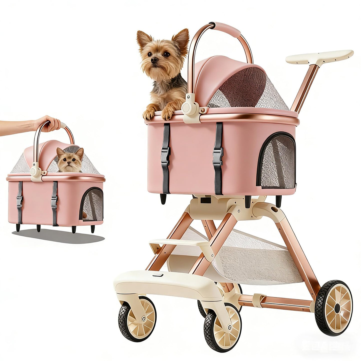 EPPMagice All-Terrain Pet Stroller for Small Medium Dogs & Cats, 20 lbs Capacity - Portable Carrier with One-Touch Brake, Lightweight Foldable Design & Shock Absorption Wheels,Pink