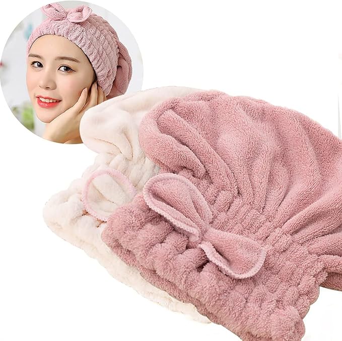 Jseng 2PC Microfiber Hair Drying Caps, Extrame Soft & Ultra Absorbent, Fast Drying Hair Turban Wrap Towels Thick Fluffy Shower Cap for Women