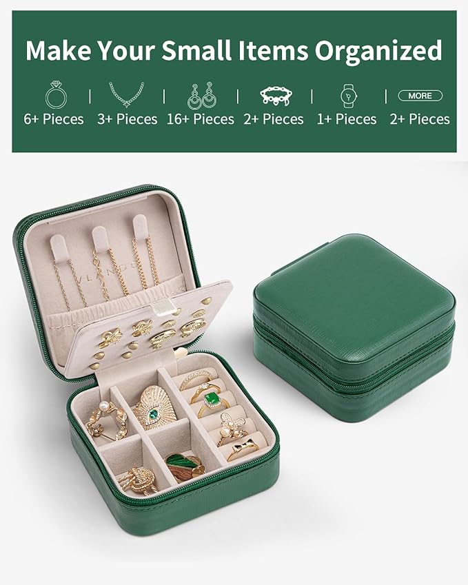Vlando Travel Jewelry Case, Small Travel Jewelry Organizer Box for Girls Women - Dark Green