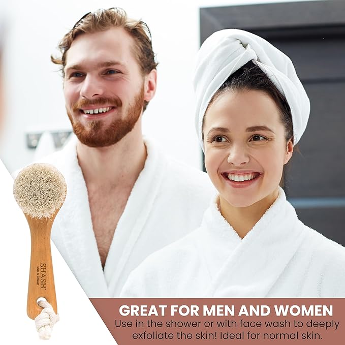 SHASH Since 1869 Hand Made in Germany - Sustainable Exfoliating Face Brush, Scrub Cleansing Brush, Exfoliates Skin to Help Reduce Flaking, Fine Lines, Supports Glowing Complexion (Soft Goat Bristle)