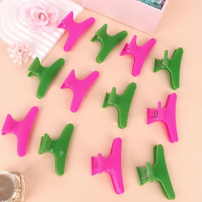 Hair Clips for Styling Sectioning 12 Pack Green Hot Pink Butterfly Clamps Hair Claw Clips Pro Salon Hair Clips for Styling, Sectioning, Cutting and Coloring