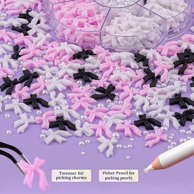 1 Box 3D Bow Nail Charms and Flatback Pearls Set 11, 120 Pcs Pink White Black Cute Bow Charms for Nail Design + 2-4mm White Nail Pearls with Pickup Tweezer and Pencil for Nail Art Decoration
