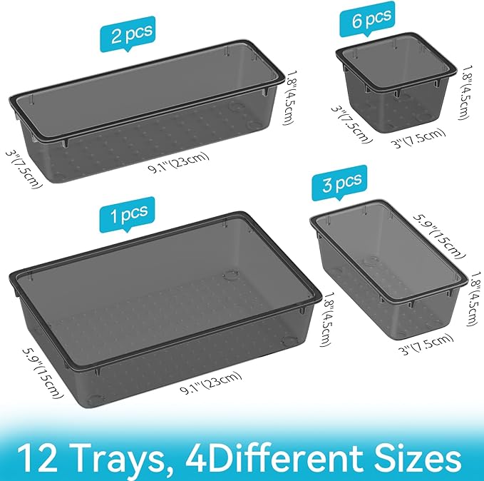 12-Piece Drawer Organizer Set, 4 Sizes Versatile Plastic Vanity Organizer for Makeup, Stationery, Gadgets, in Kitchen, Bathroom, Office, and Bedroom, Black