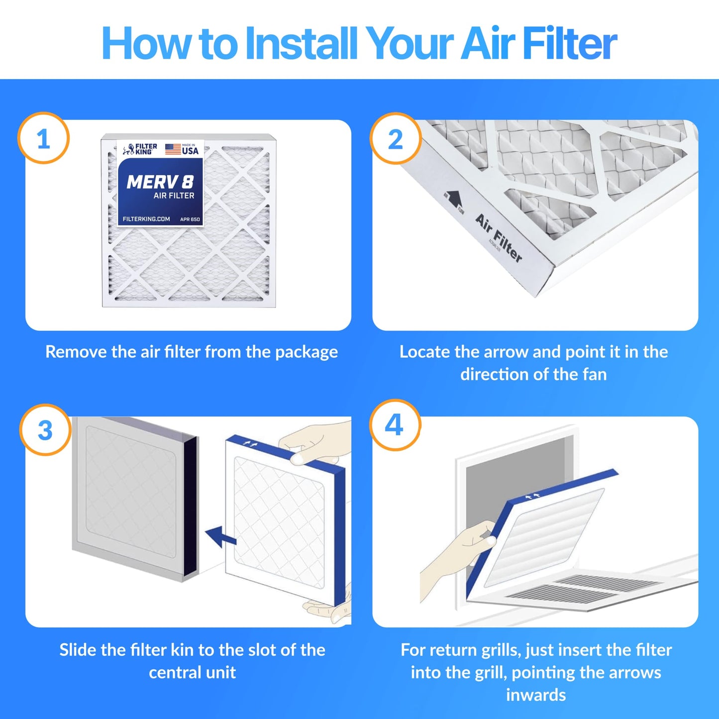 Filter King 19x21x1 Air Filter (MERV 8) (6-Pack) Dust & Allergy Control AC Furnace Filters, MADE IN USA, HVAC, Pleated, Electrostatic (Actual Size: 18.5 x 20.5 x .75)