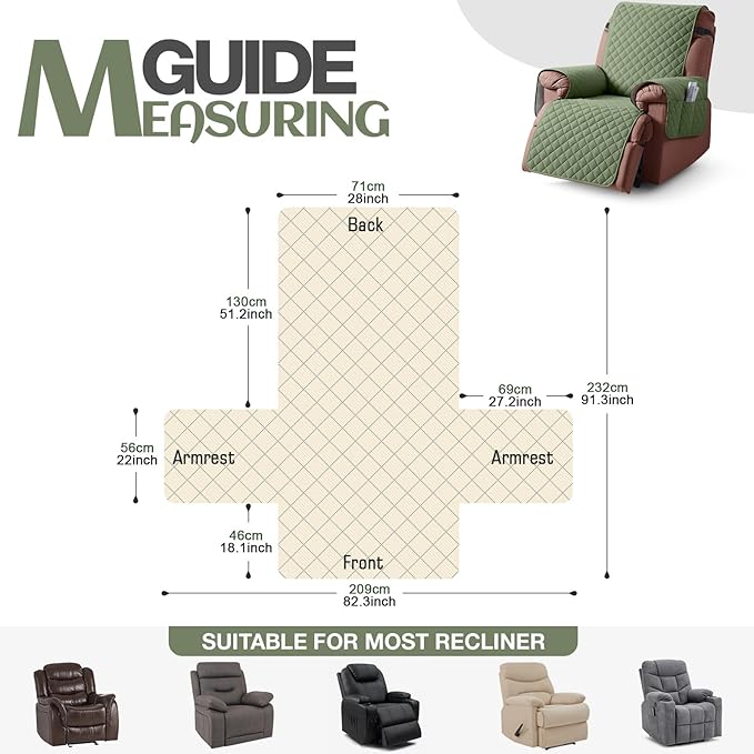 KinCam 100% Waterproof Recliner Chair Cover, Reclining Couch Covers for Pets, Dogs, Recliner Couch Slipcover Furniture Protector with Elastic Straps for Kids(28", Cactus Green)