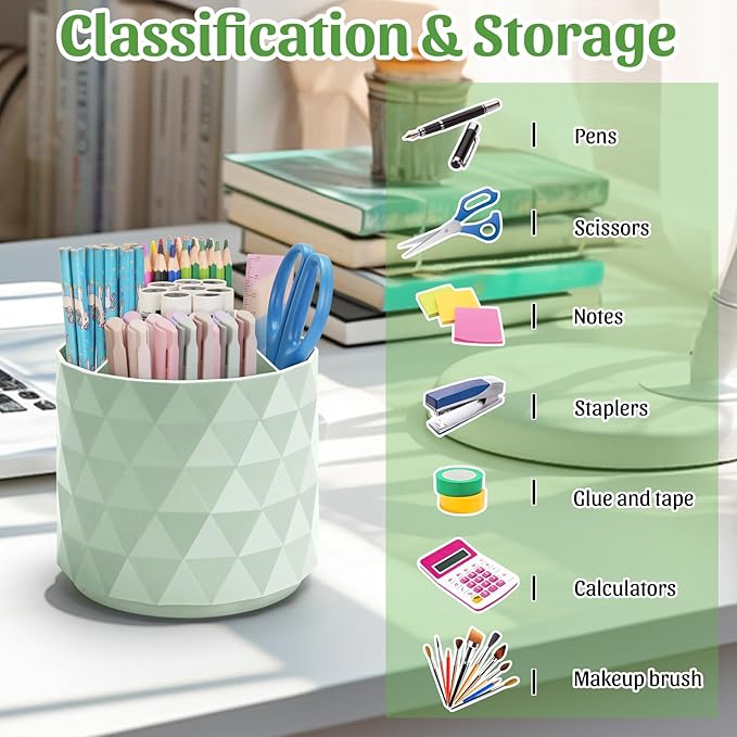 minimaliving Desk Organizer,Sparkling Diamond-like Pen Holder for Desk 360ÃÂ°Rotating Office Accessories,Pencil Cup with 5 Compartments Storage Box Caddy for Office,School,Home,Art Supply(Green)