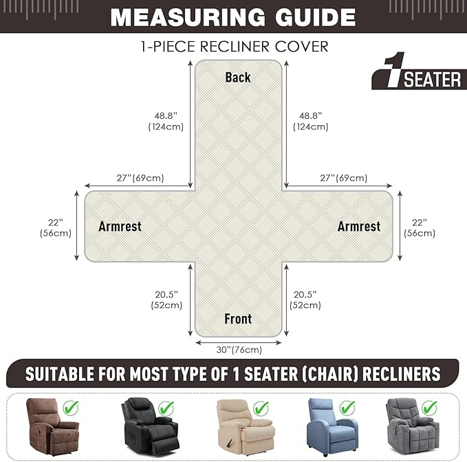TAOCOCO Waterproof Recliner Chair Covers 30 Inch Wide, Oversized Recliner Covers for Recliner Chair with Pocket, Recliner Slipcovers with Straps Furniture Protector for Kids Pets (30'', Coffee)
