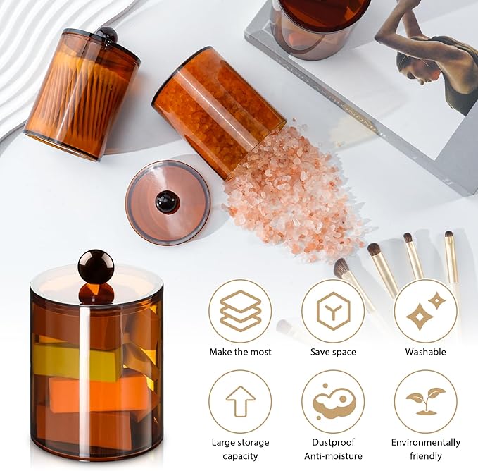 XIPENGKEJI 2 Pack Qtip Holder,Canister Apothecary Jar Set, Bathroom Jars with Lids Set for Cotton Swabs, Balls, Pads, Floss Picks,10oz-12oz Plastic Canisters Restroom Bedroom Vanity Organizer(Brown)