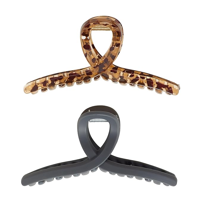 Goody SlideProof Ribbon Claw Clips - 2 Ct, Black & Tortoise Shell, Secure Grip Loop Hair Styling Accessories for Women & Men, for Thin & Fine Hair