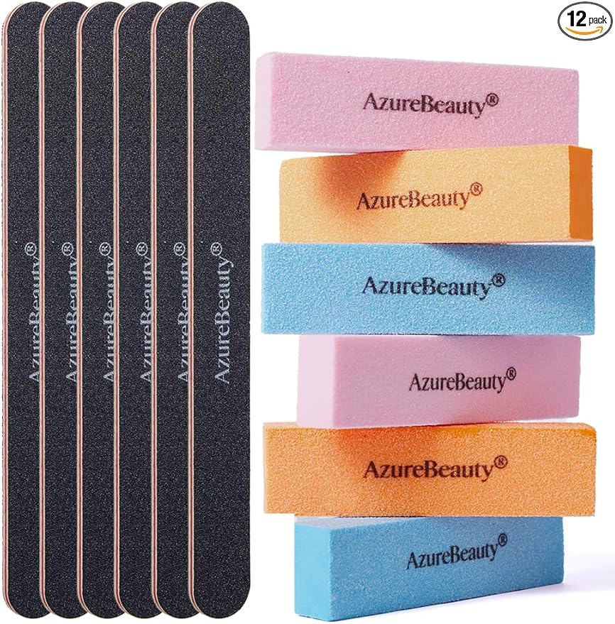 AZUREBEAUTY Nail Files and Buffers, Professional Nail Supplies, Nail Files for Natural Nails, Rectangular Nail Buffer Block for Polishing Filing, and Nail Care, 100/180 Grit 12 pcs Manicure Tools Kit