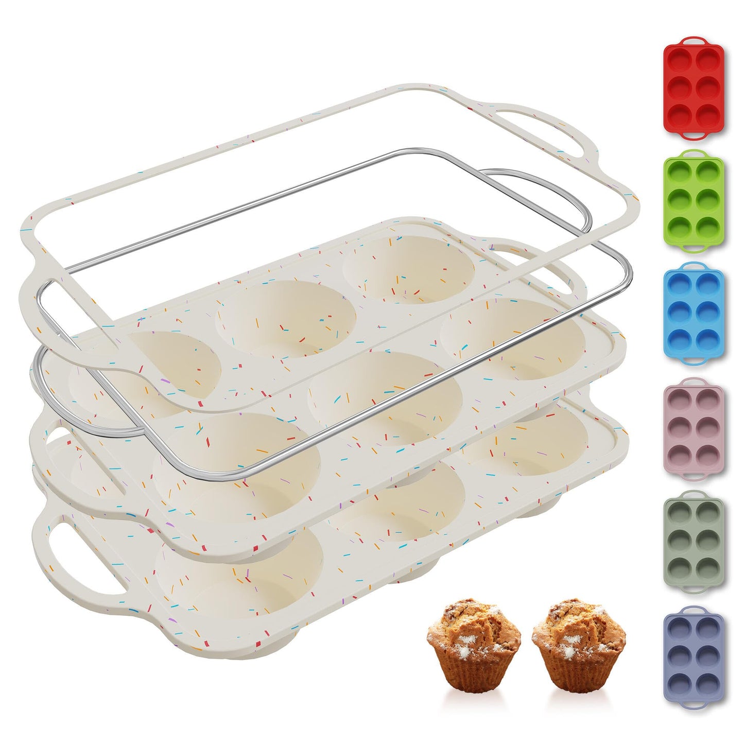 2 Packs 6 Cups Silicone Muffin Pan with Metal Reinforced Frame Jumbo Size Cupcake Pan Tray Egg Bites Silicone Circle Cookie Molds Muffin Tin Tart Pans Large Big Baking Sheet Set for Breakfast
