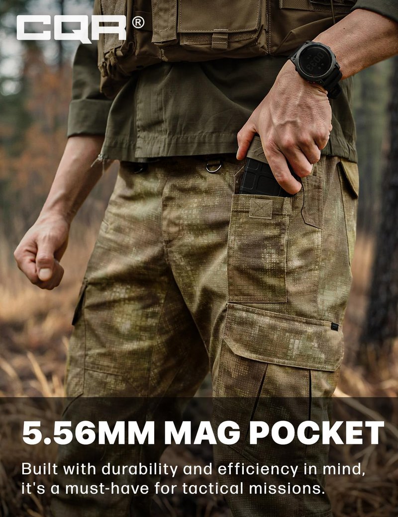 CQR Men's Tactical Pants, Water Resistant Ripstop Cargo Pants, Lightweight EDC Work Hiking Pants, Outdoor Apparel, Duratex Mag Pocket Print Fractal Camo, 44W x 30L