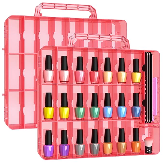 Beloving 2pcs Nail Polish Organizer, Portable 48 Bottles Clear Nail Polish Holder with Adjustable Divider, Gel Nail Polish Storage Double Side Nail Polish Organizer Case for Nail Tech Pink
