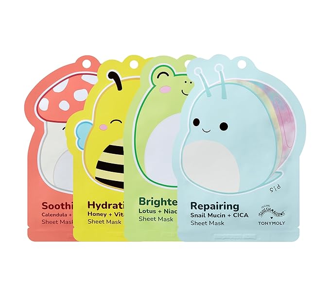 TONYMOLY x Squishmallows Sheet Mask Set – 4-Pack Facial Skincare Variety for Hydrating, Soothing, Repairing, Nourishing, Moisturizing & Glowing Skin