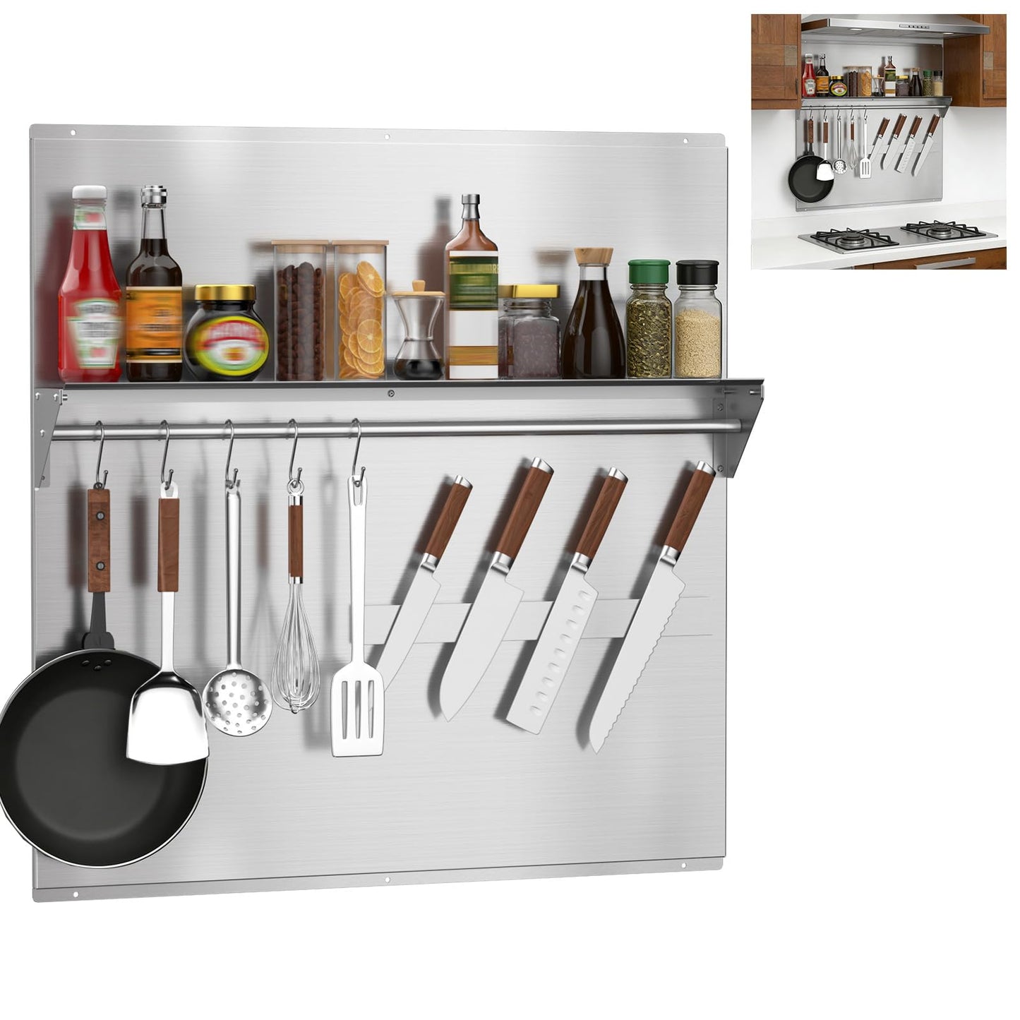 Vlaeng 30"x30" Stainless Steel Range Backsplash, Stove Backsplash With Storage Shelf & Magnetic Knife Rack, Stainless Steel Backsplash For Stove, Range Hood Wall Shield With Pre-Drilled Holes
