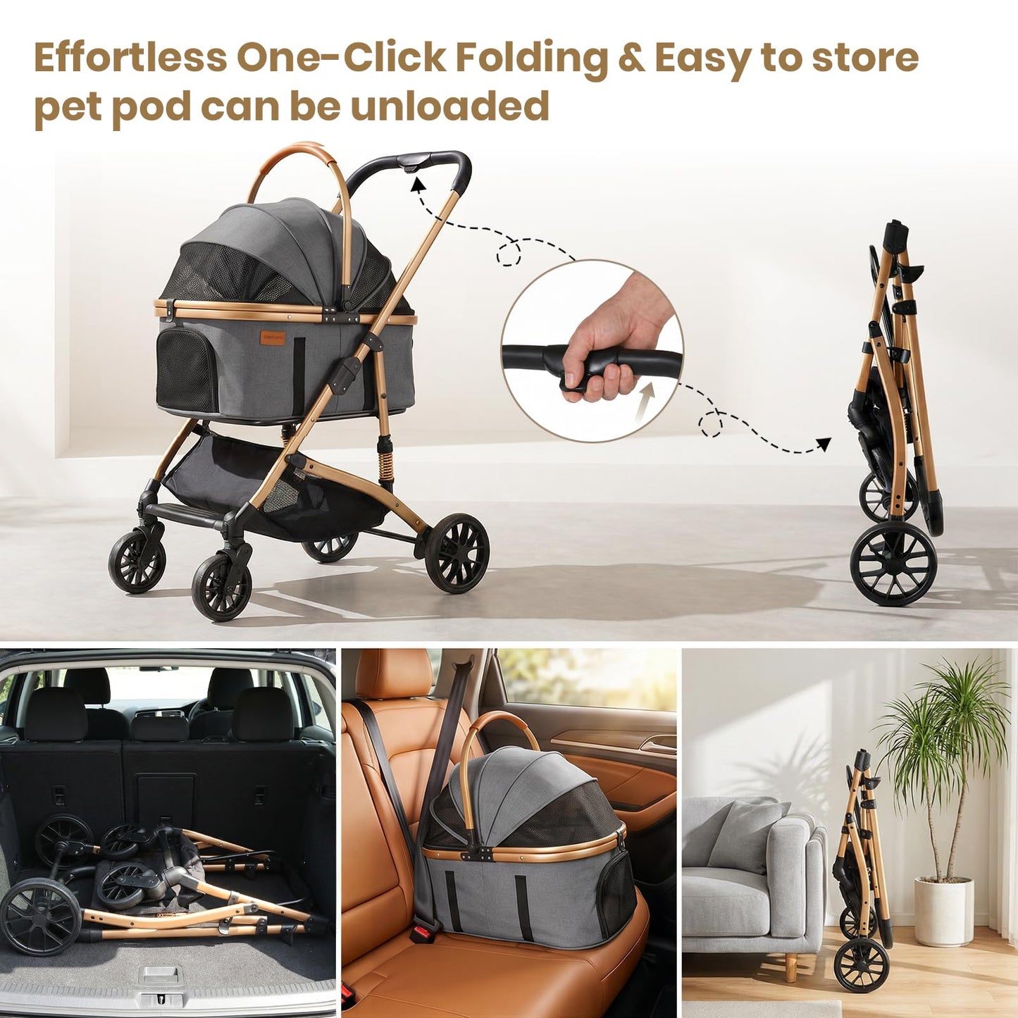 Ioboneed 3-in-1 Dog Stroller with Rain Cover, Quick Foldable, Detachable Carrier & Car Seat, for Medium Dogs Cats Up to 50 lbs, Anti-Shock Solid Rubber Wheels, Grey