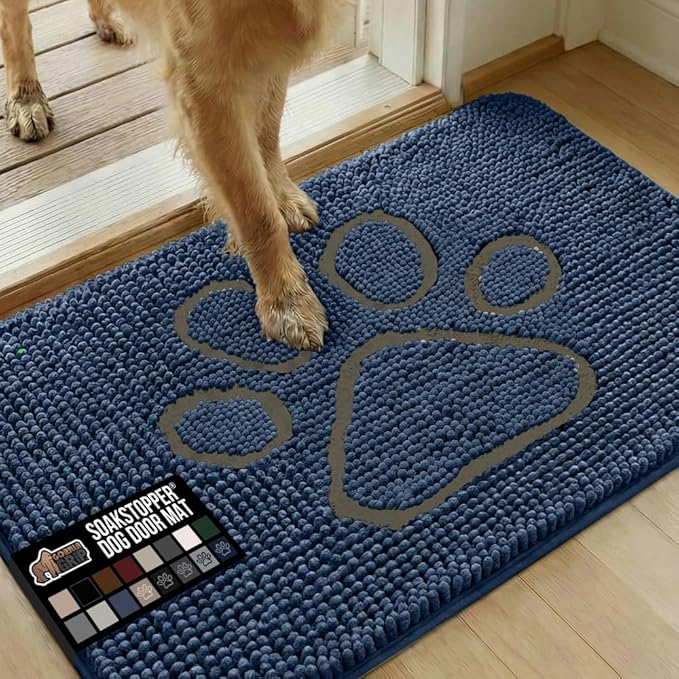 GORILLA GRIP SoakSTOPPER Dog Door Mat, 36x24 Machine Washable Rug Absorbent Doormat Captures Moisture Mud Dirt, Quick Dry Soft Chenille Entryway Rugs Indoor Entrance Mats for Dog Paws, Navy