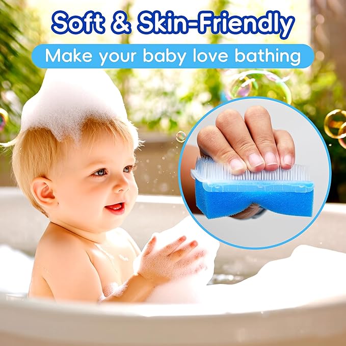 Cradle Cap Brush for Babies, Baby Bath Essentials with Silicone Scrubber Bath Sponge Dual-Sided Comb for Newborns Toddlers Boys Girls (Blue,Set of 5)
