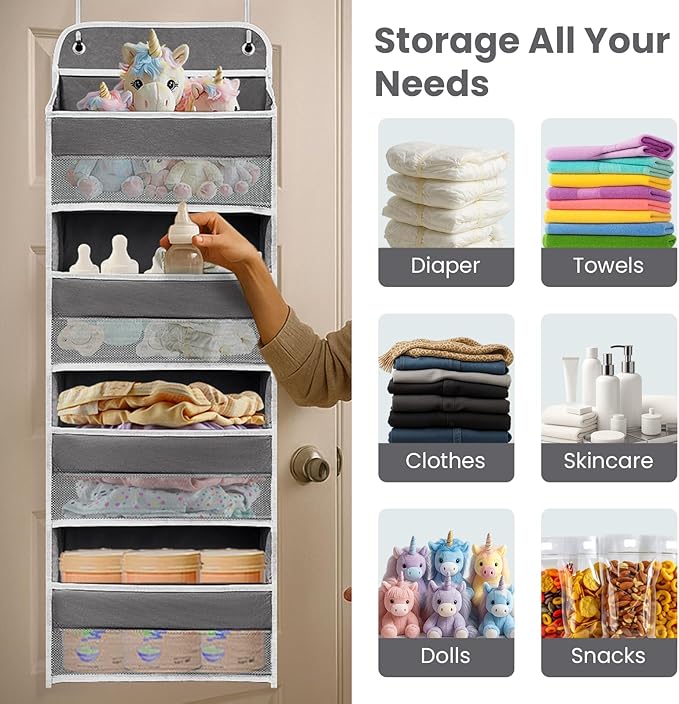 Over The Door Organizer with LifetimeWarranty, 4 Shelves & 4 Side Pockets, Large Storage Rack Holds 44lb, Heavy-Duty Reinforced Mesh Shelf for Bathroom, Closet, Toy Organization, Shoes, Towels, Grey